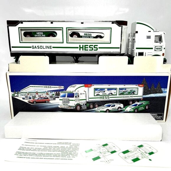 Hess Truck with 2 racers and Res head Tail  Lights Friction Motors New in Box - Picture 1 of 3